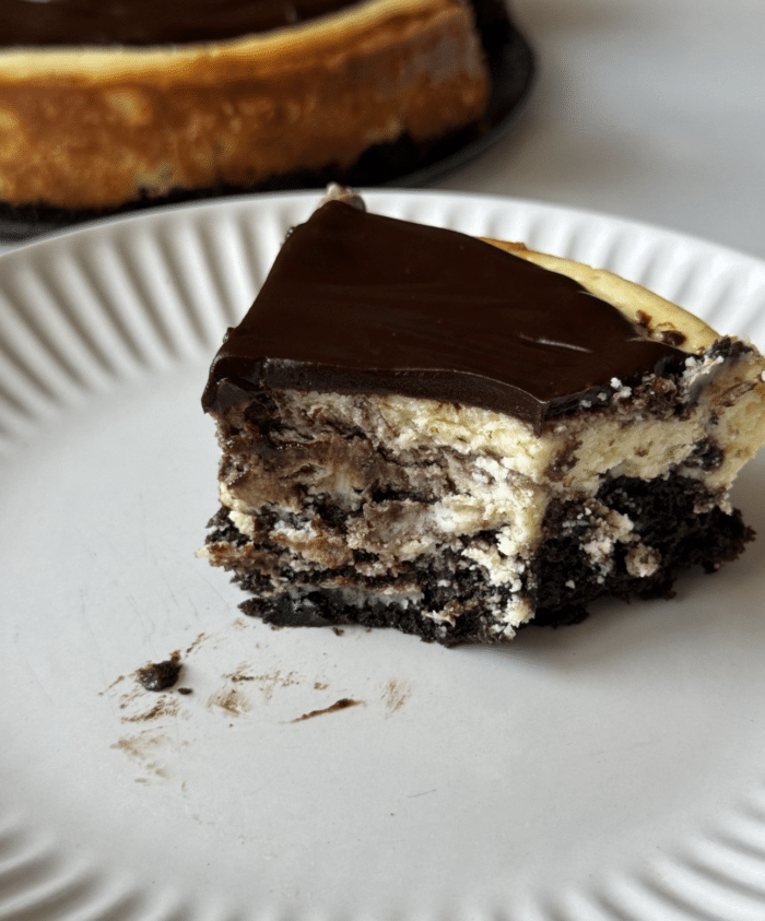 Bite of cookies and cream cheesecake.
