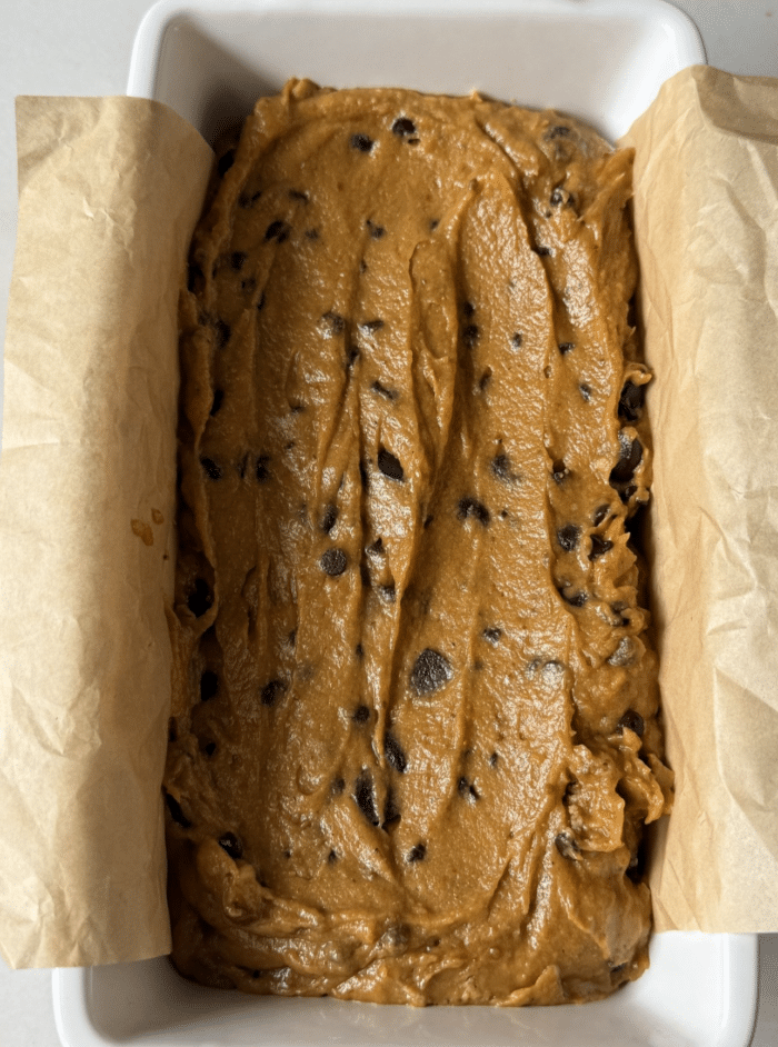 Pumpkin bread batter in pan.