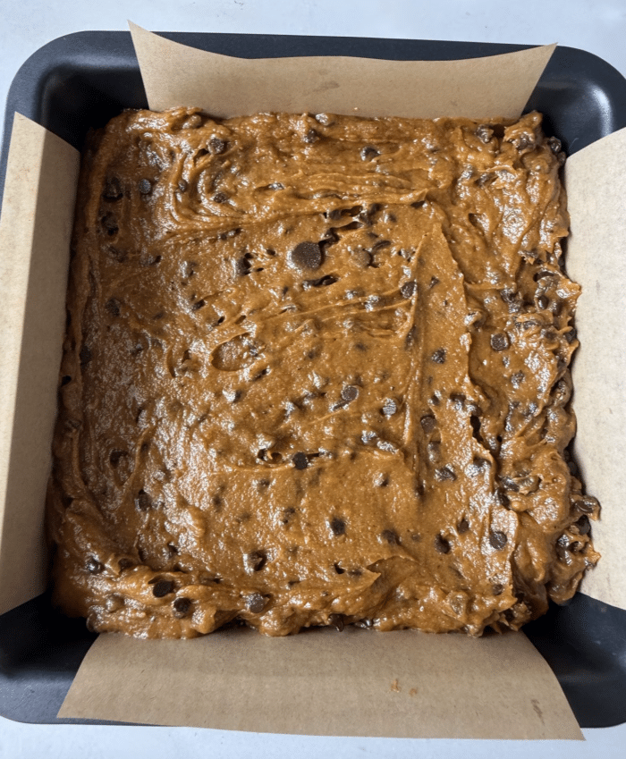 Spiced batter in square pan.