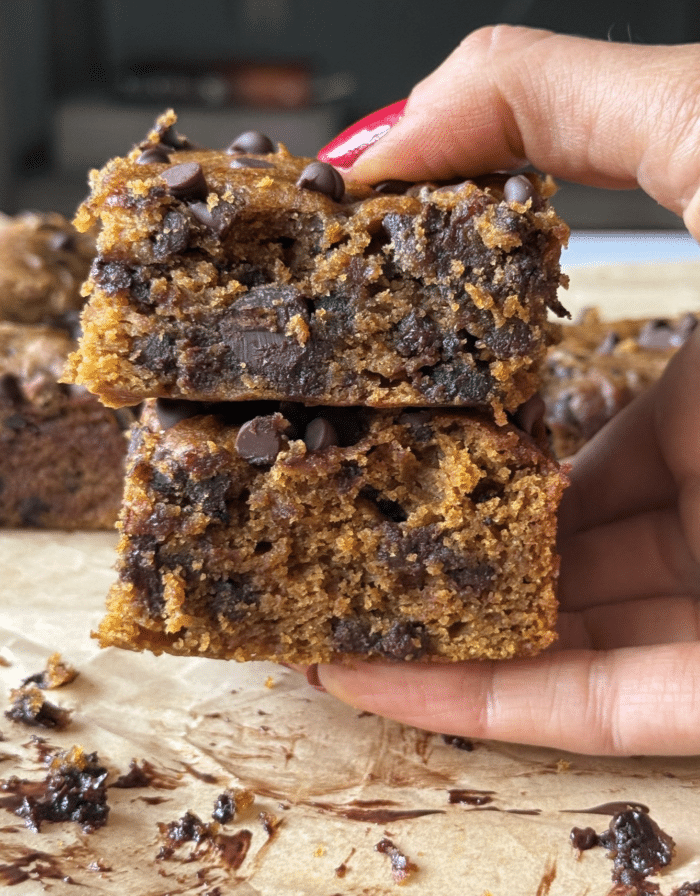 Stack of pumpkin chocolate chip bars.