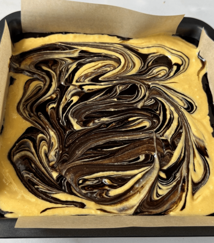 Swirled dough in pan.