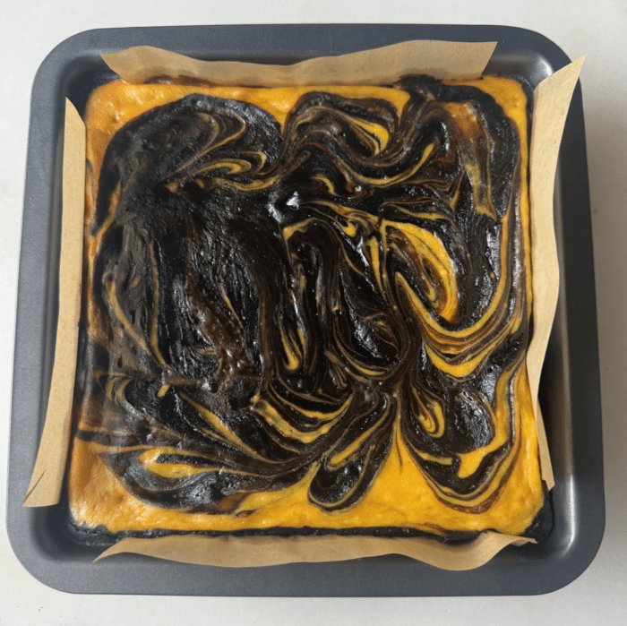 Swirled baked brownies.