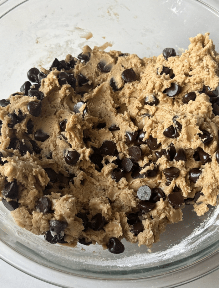 Chocolate chip dough in bowl.