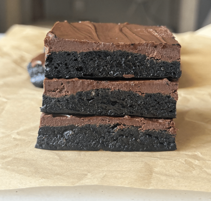 Stack of no bake brownies.