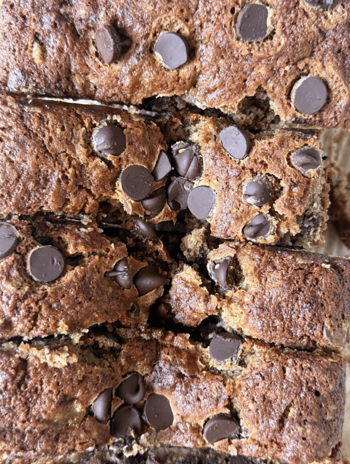 Slices of chocolate chip banana bread.