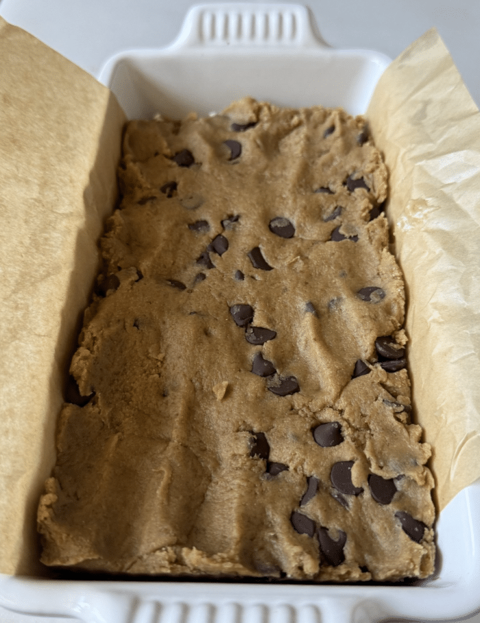 Dough in loaf pan.