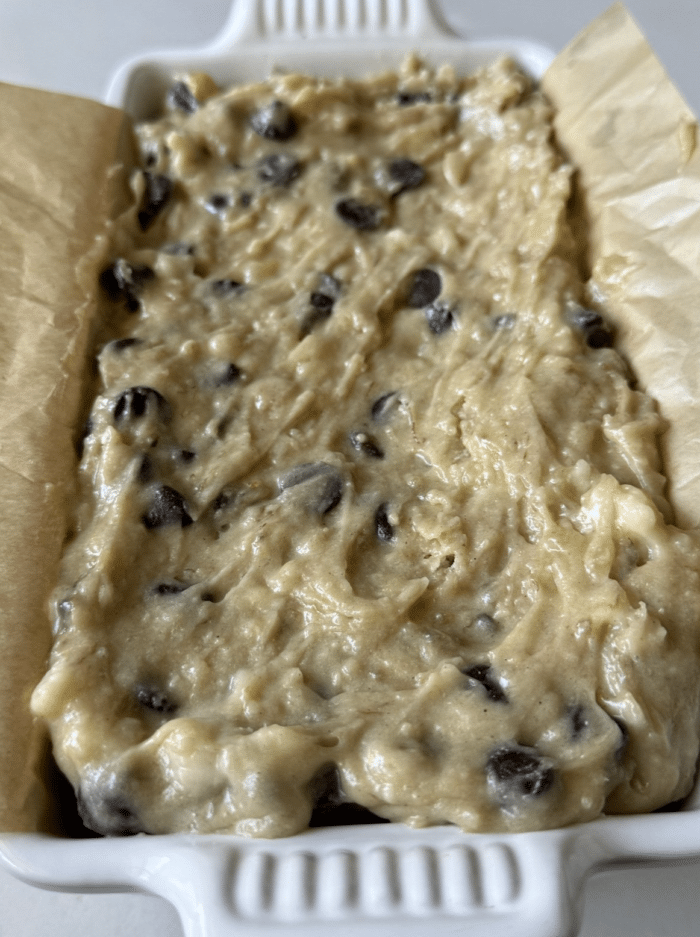 Batter with loaf pan.